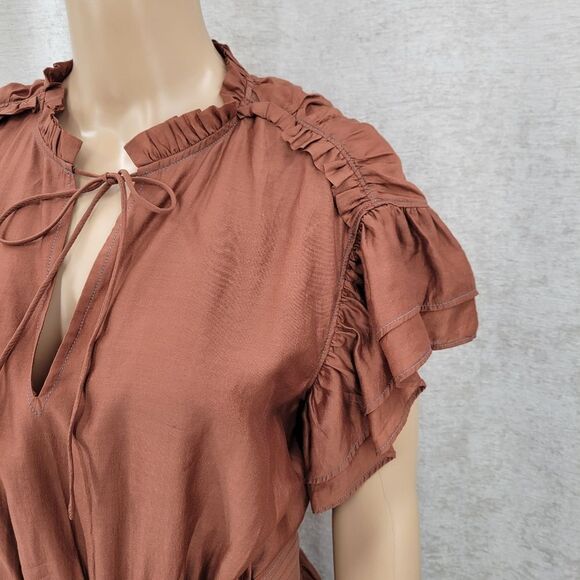 Current Air Flutter Sleeve Tiered Mini Dress Bronze Brown Belted - Picture 6 of 14